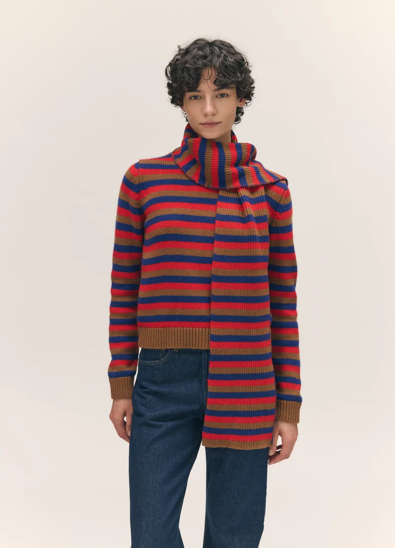 Clover Striped Scarf in Hazelnut with Poppy & Smalt