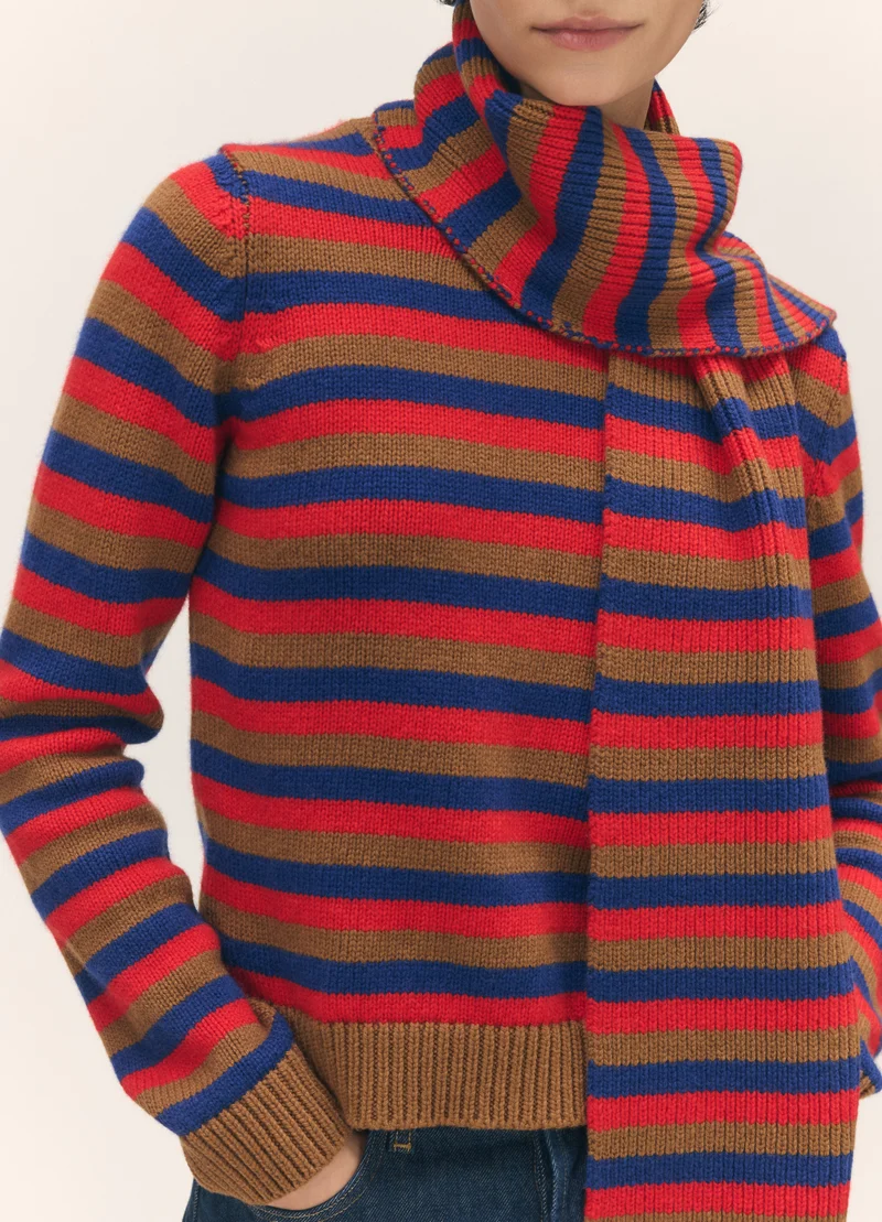 Clover Striped Scarf in Hazelnut with Poppy & Smalt