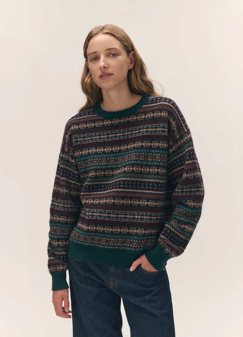 Innes Slouch Fairisle Crewneck in Dark Brown/Holly Multi