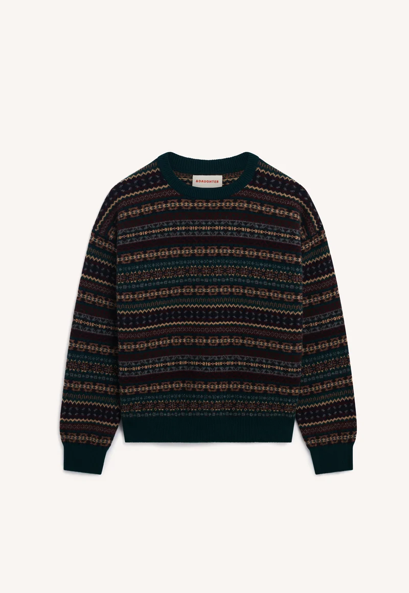 Innes Slouch Fairisle Crewneck in Dark Brown/Holly Multi