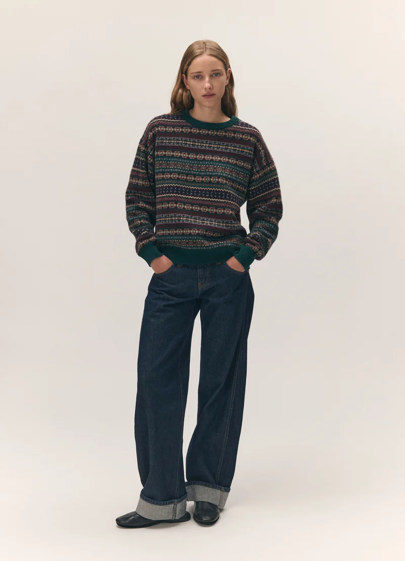 Innes Slouch Fairisle Crewneck in Dark Brown/Holly Multi