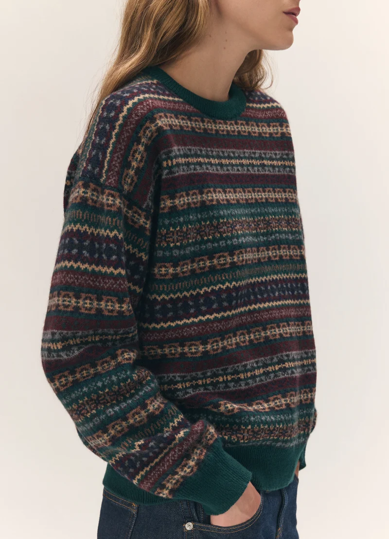 Innes Slouch Fairisle Crewneck in Dark Brown/Holly Multi