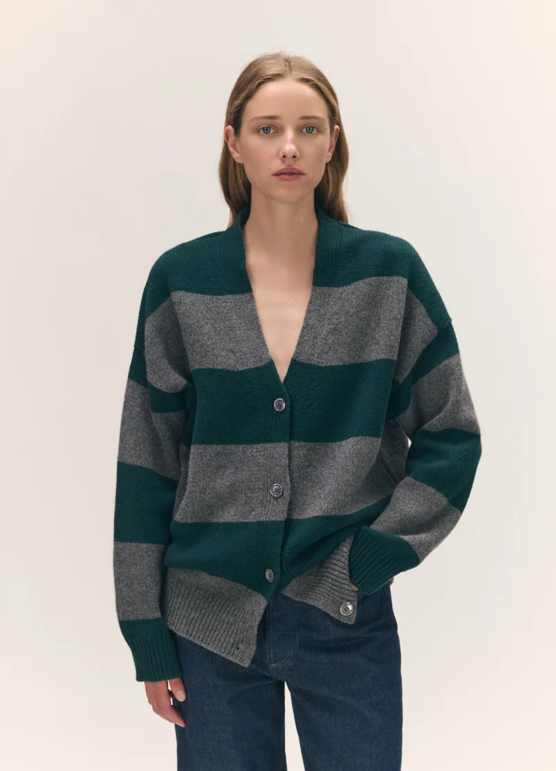 Sora V-Neck Cardigan in Derby Grey with Holly Stripe