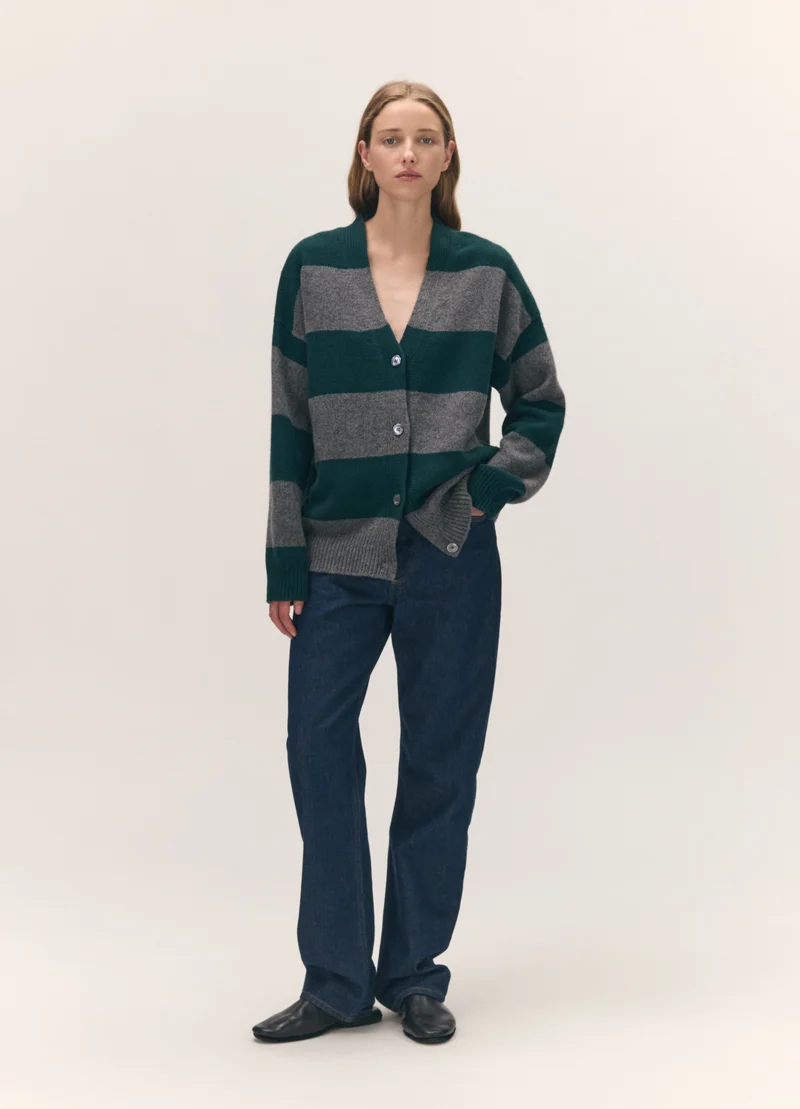Sora V-Neck Cardigan in Derby Grey with Holly Stripe