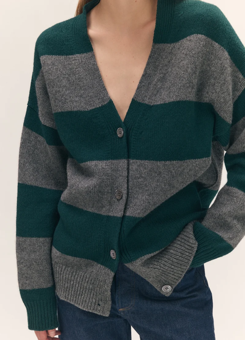 Sora V-Neck Cardigan in Derby Grey with Holly Stripe