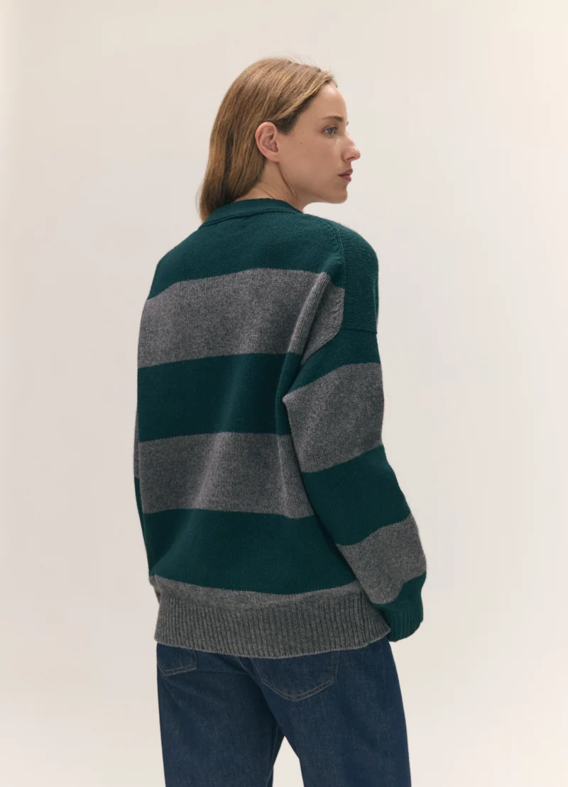 Sora V-Neck Cardigan in Derby Grey with Holly Stripe