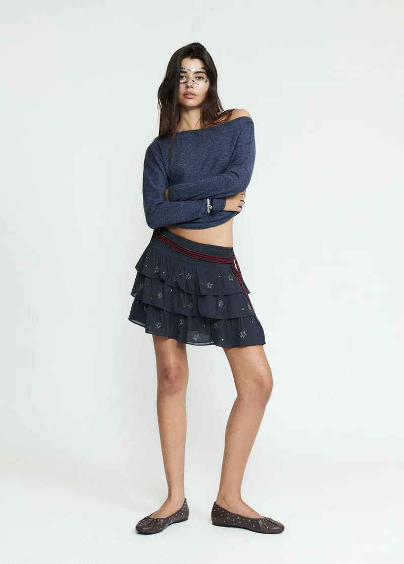 Short multi-ruffle studded skirt
