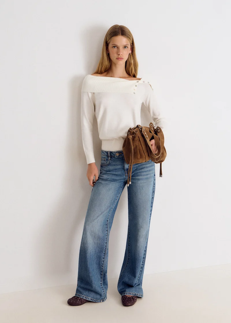 Ribbed-neck button-up sweater