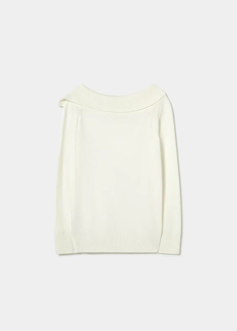 Ribbed-neck button-up sweater
