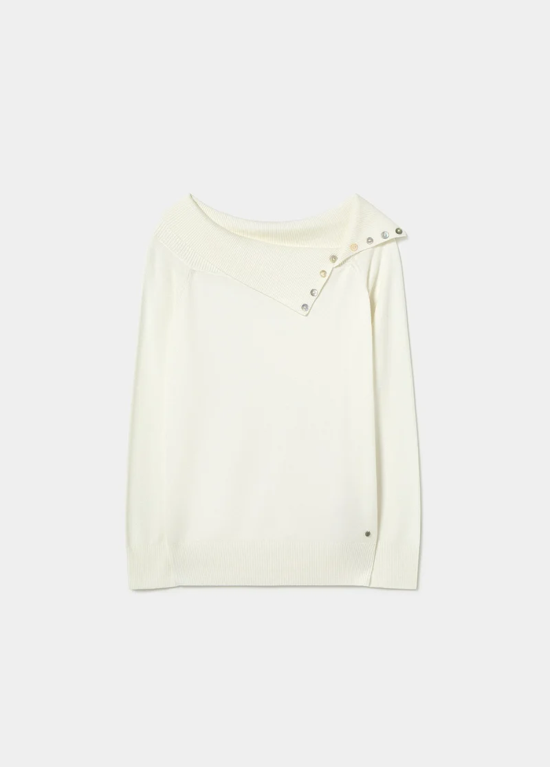 Ribbed-neck button-up sweater
