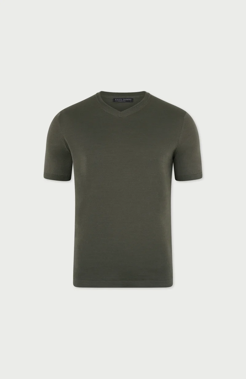 Mens Superfine Mercerised Cotton V Neck Knitted T-Shirt