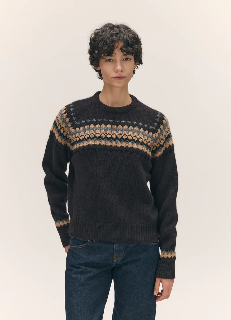 Flora Fairisle Crewneck in Dark Brown Multi