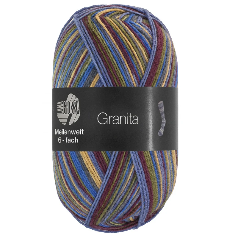 Lana Grossa Meilenweit 6-fach 150 Granita 9732 Blau/Dunkeloliv/Schokoladenbraun/Jeansblau/Flachsgelb/Dunkelgrau