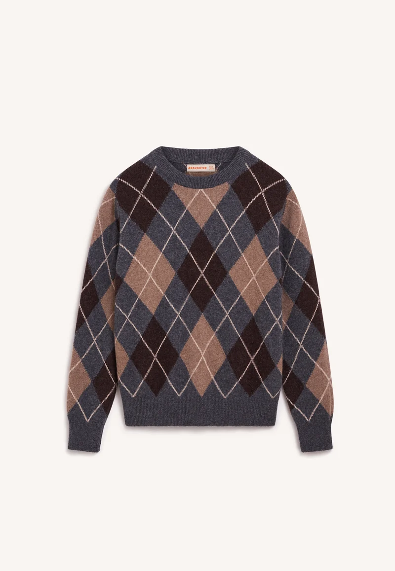 Ava Argyle Crewneck in Grey with Brown