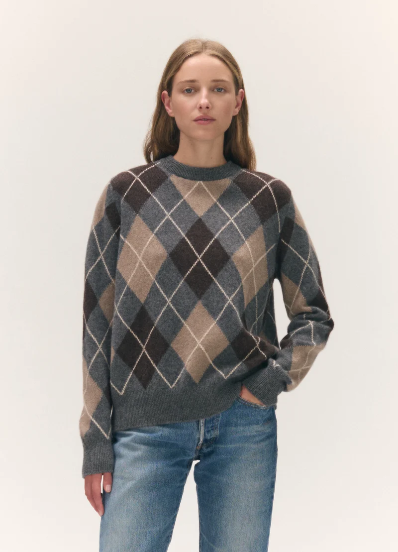 Ava Argyle Crewneck in Grey with Brown