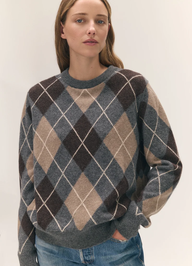 Ava Argyle Crewneck in Grey with Brown
