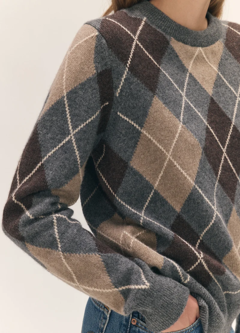 Ava Argyle Crewneck in Grey with Brown
