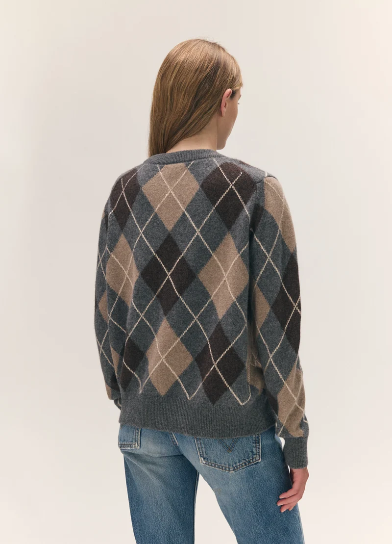 Ava Argyle Crewneck in Grey with Brown