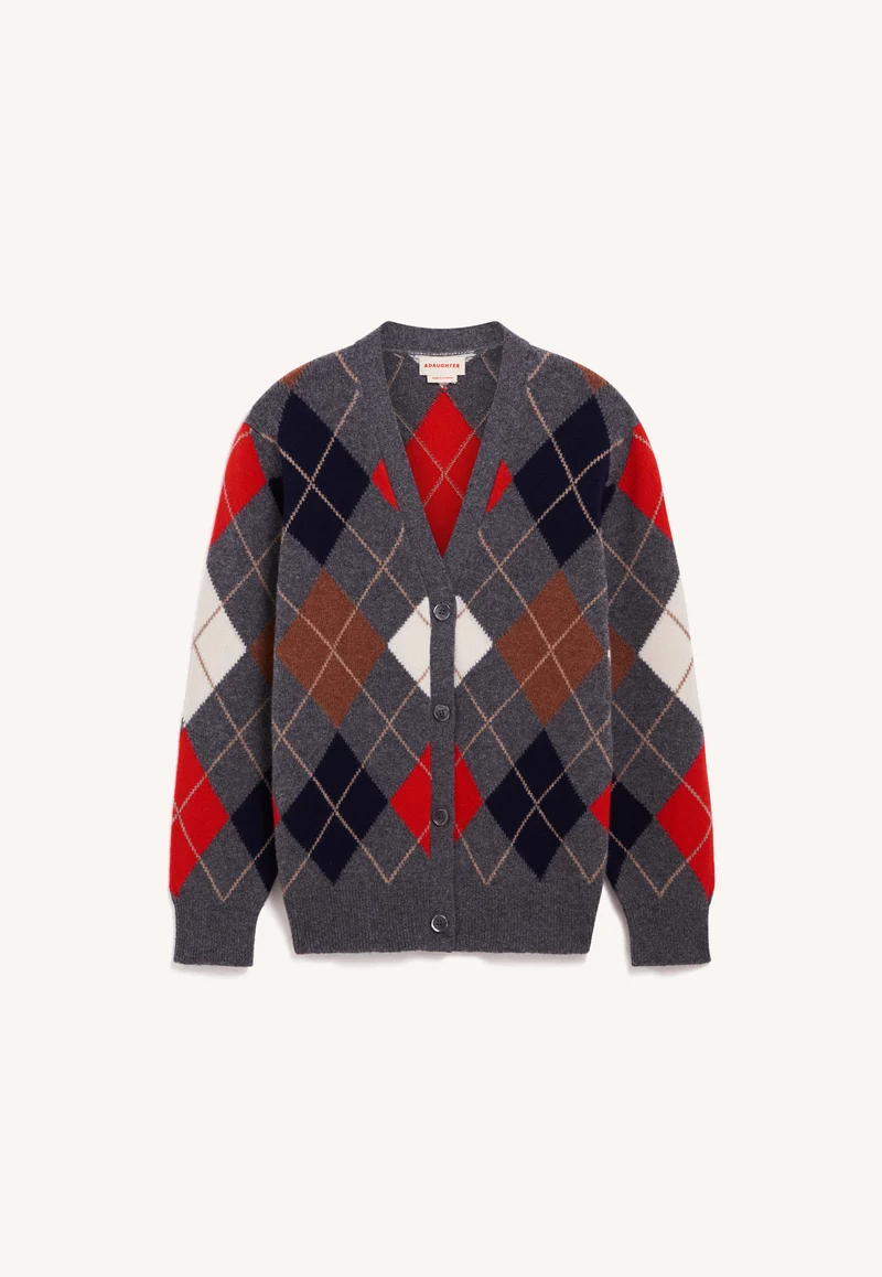 Ava Argyle Cardigan in Derby Grey with Red