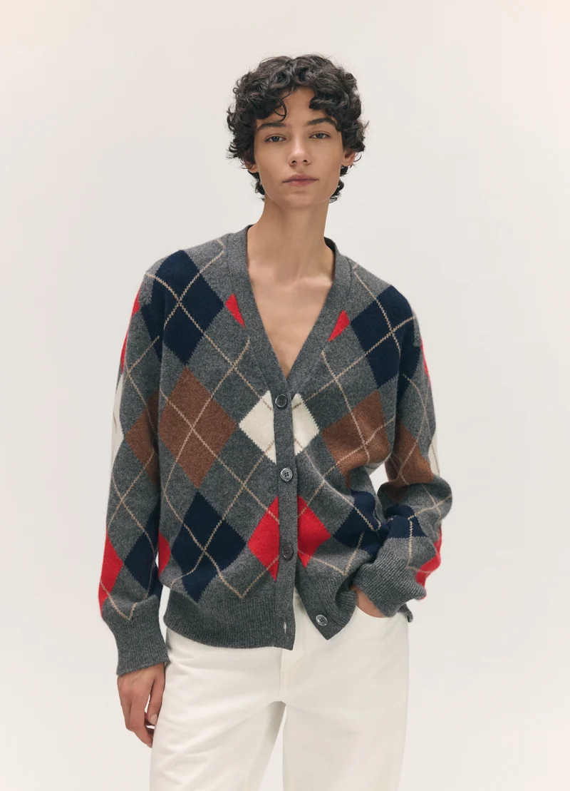 Ava Argyle Cardigan in Derby Grey with Red