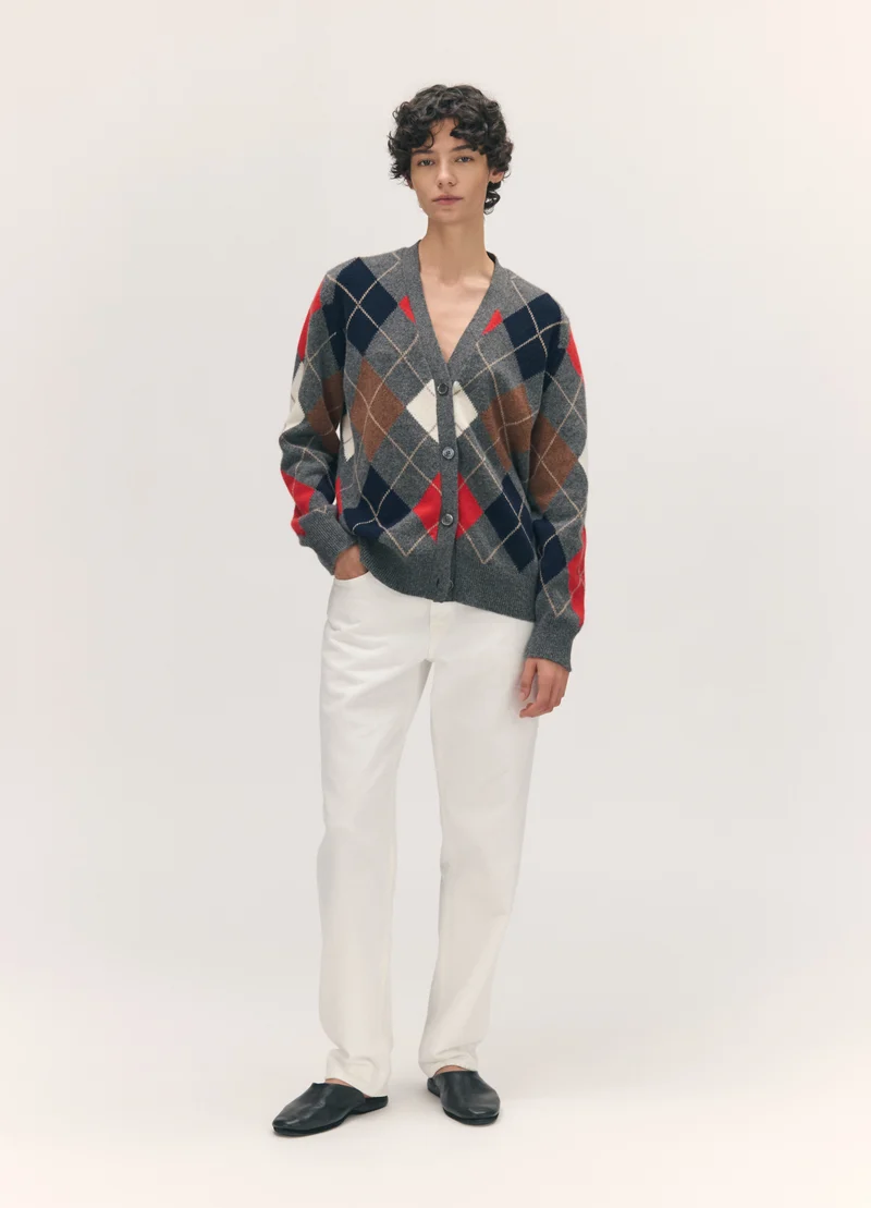 Ava Argyle Cardigan in Derby Grey with Red