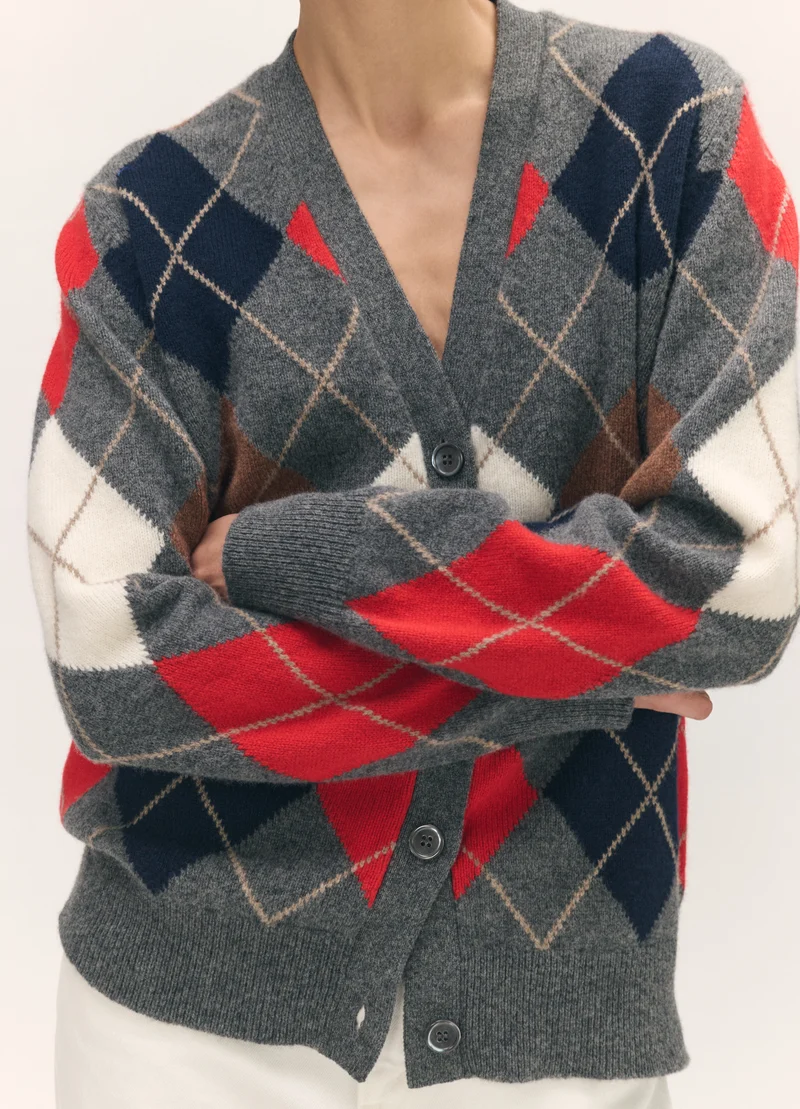 Ava Argyle Cardigan in Derby Grey with Red