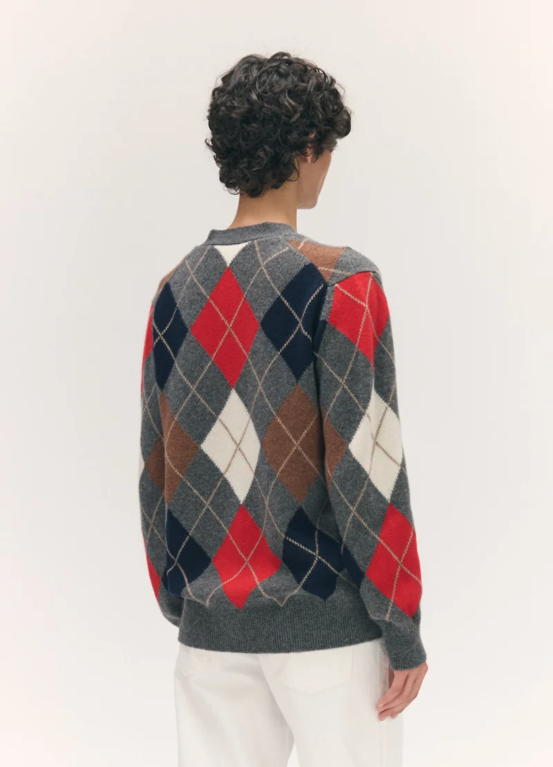 Ava Argyle Cardigan in Derby Grey with Red