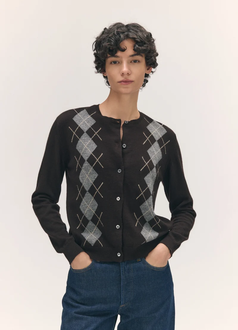 Una Argyle Cardigan in Dark Brown