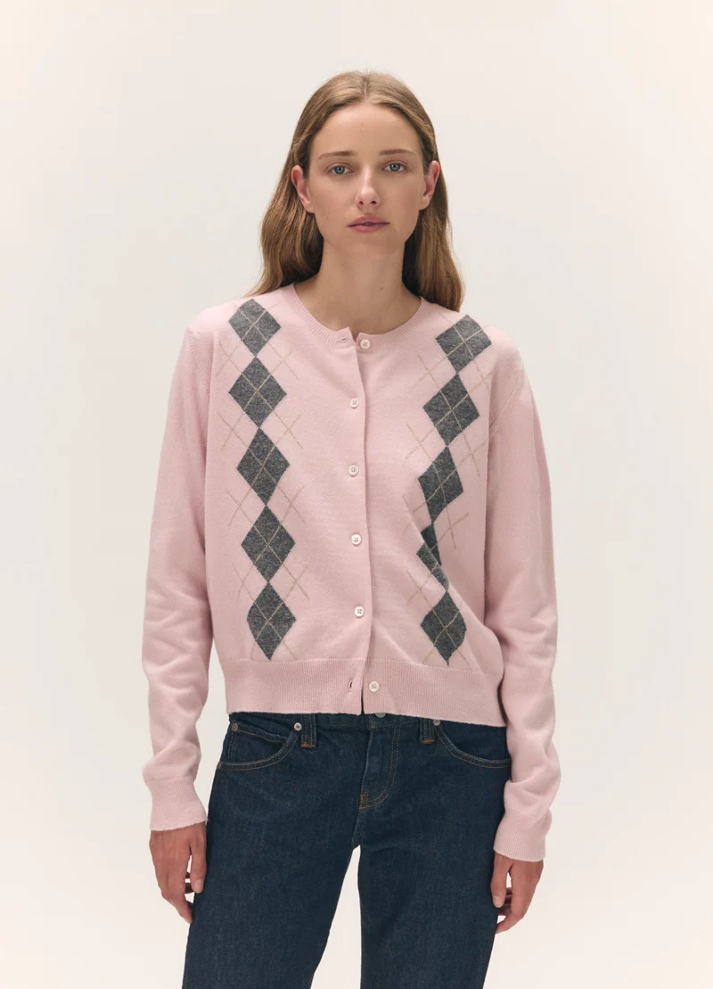 Una Argyle Cardigan in Pale Pink