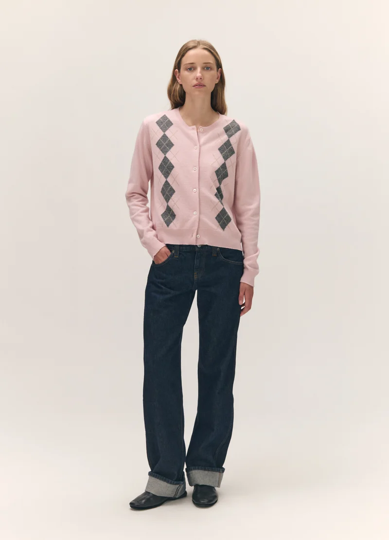 Una Argyle Cardigan in Pale Pink