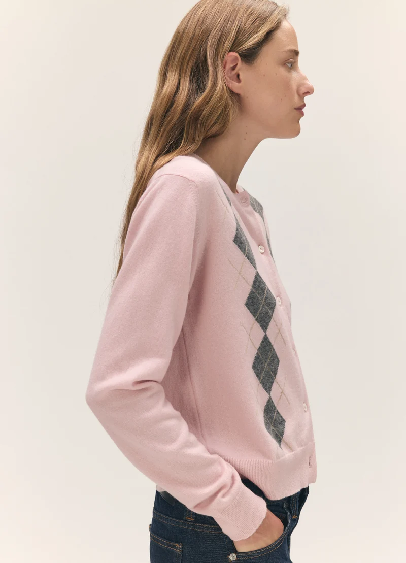 Una Argyle Cardigan in Pale Pink