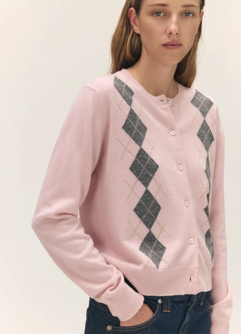 Una Argyle Cardigan in Pale Pink