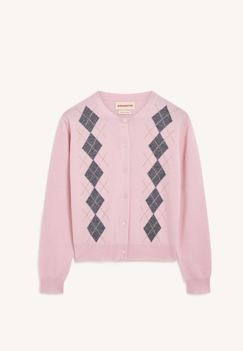 Una Argyle Cardigan in Pale Pink