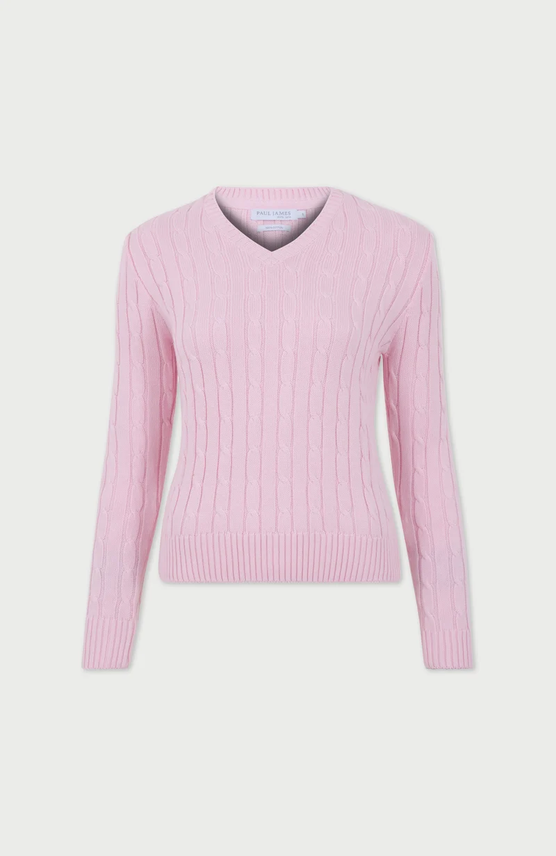 Damenpullover aus 100 % Baumwolle mit Zopfmuster und V-Ausschnitt