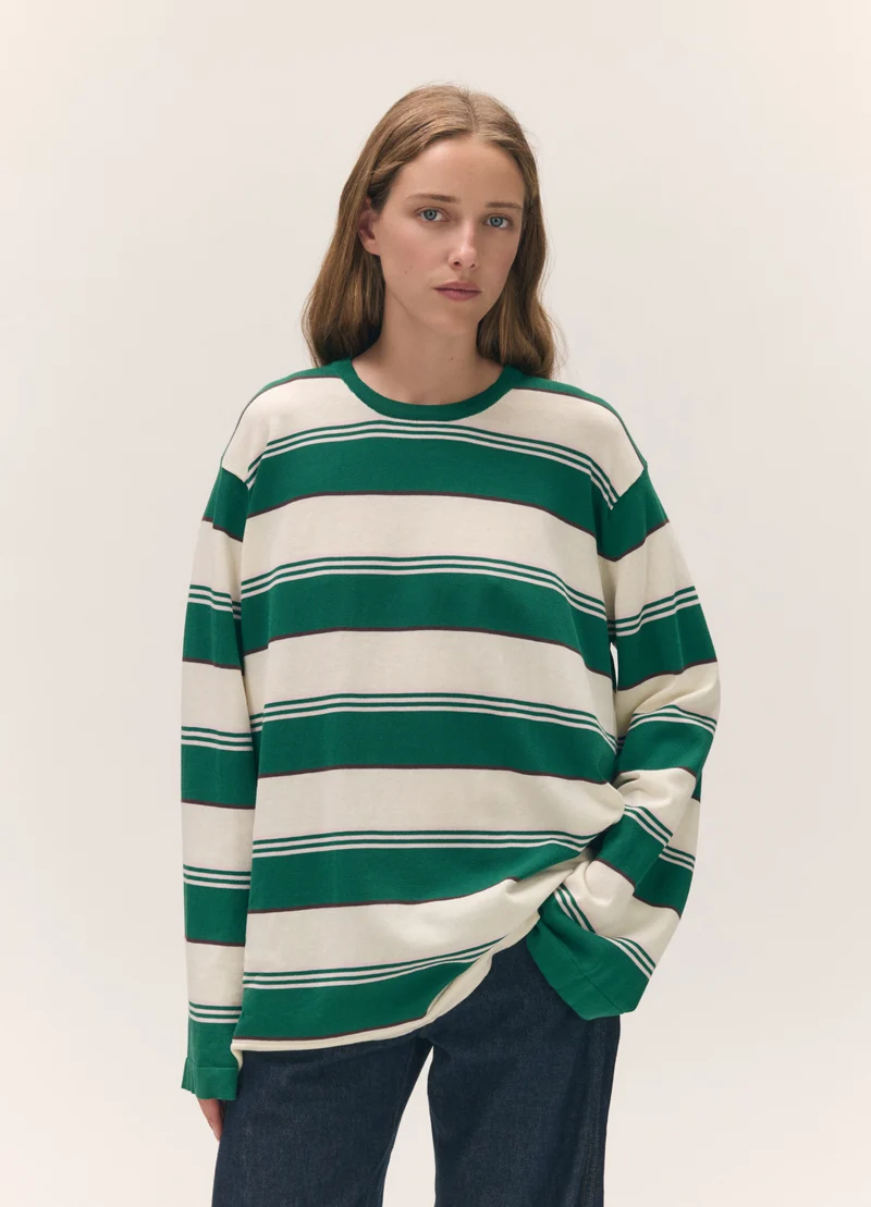 Long Sleeve Slouchy T-Knit in Green Stripe