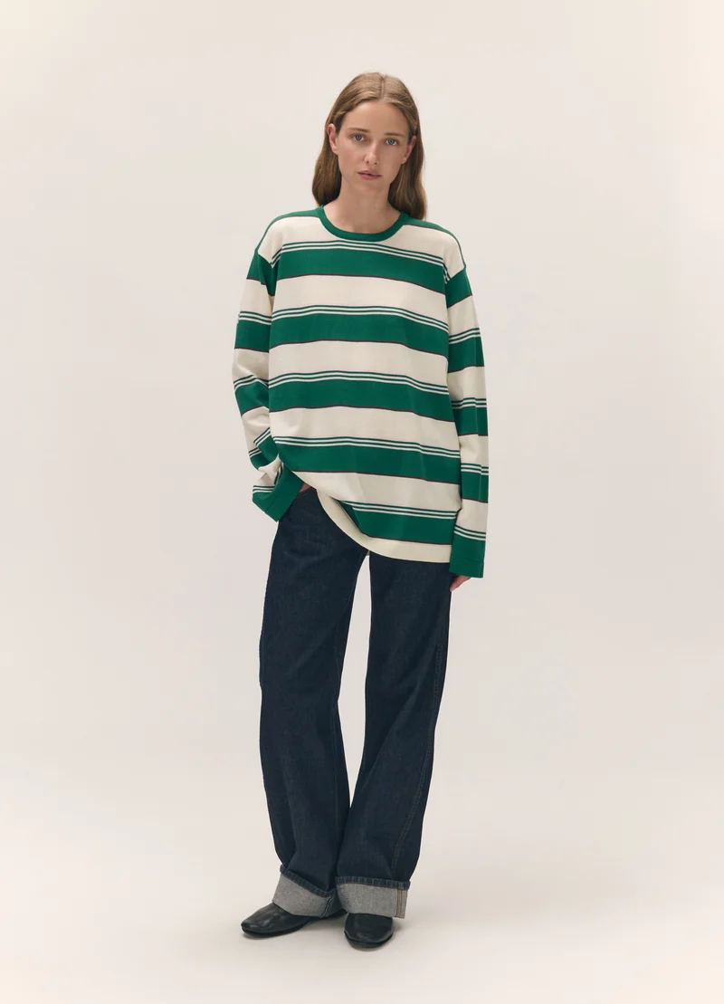 Long Sleeve Slouchy T-Knit in Green Stripe