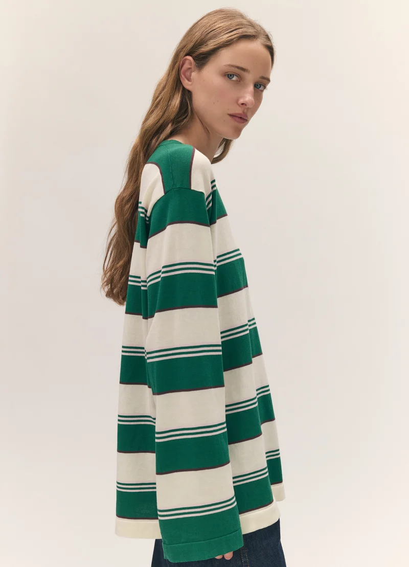 Long Sleeve Slouchy T-Knit in Green Stripe