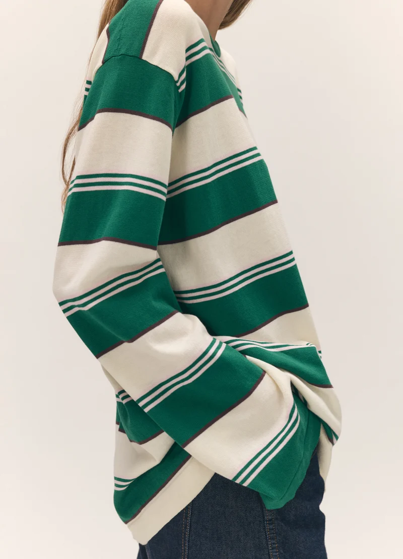 Long Sleeve Slouchy T-Knit in Green Stripe