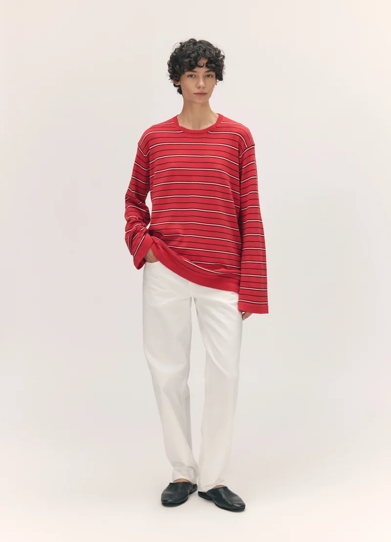 Long Sleeve Slouchy T-Knit in Red Stripe