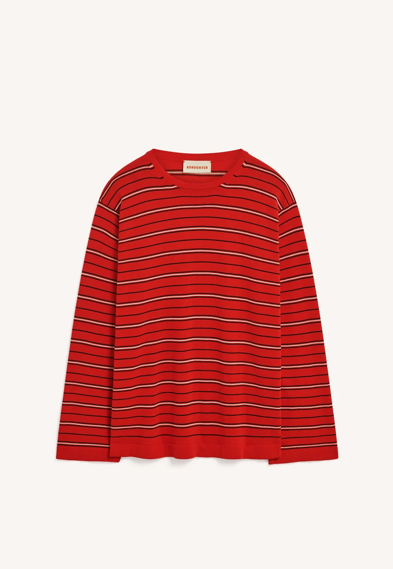 Long Sleeve Slouchy T-Knit in Red Stripe