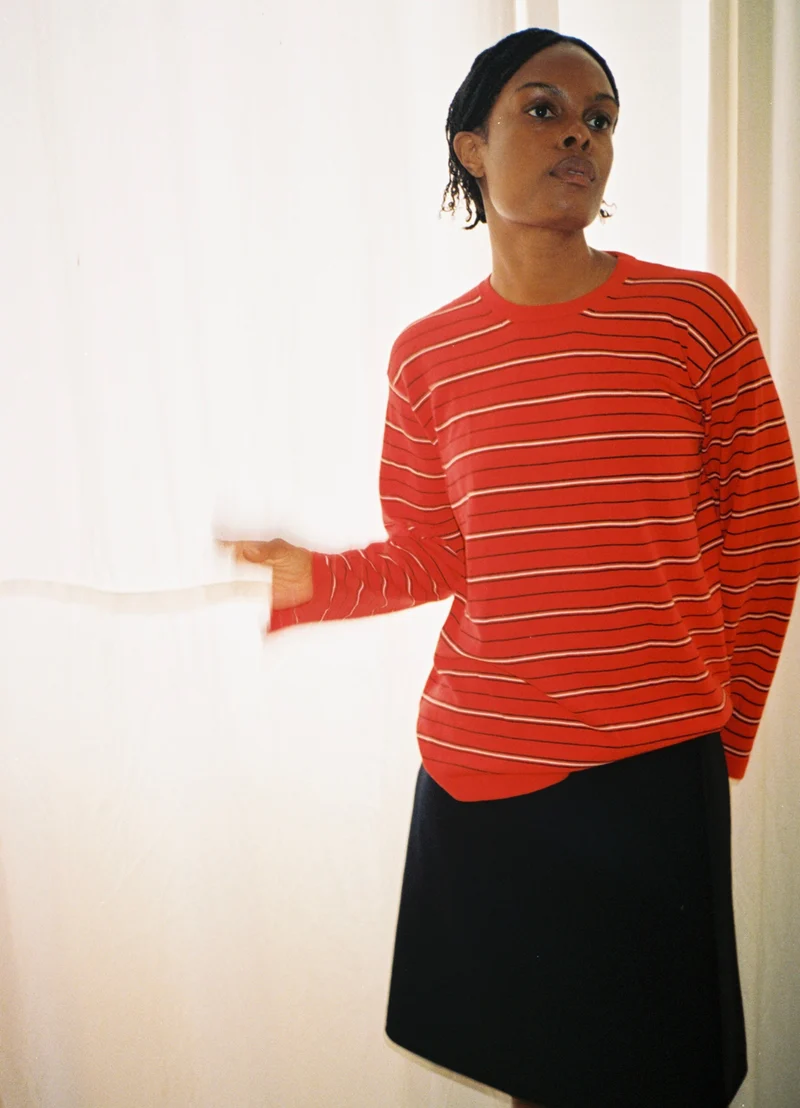 Long Sleeve Slouchy T-Knit in Red Stripe