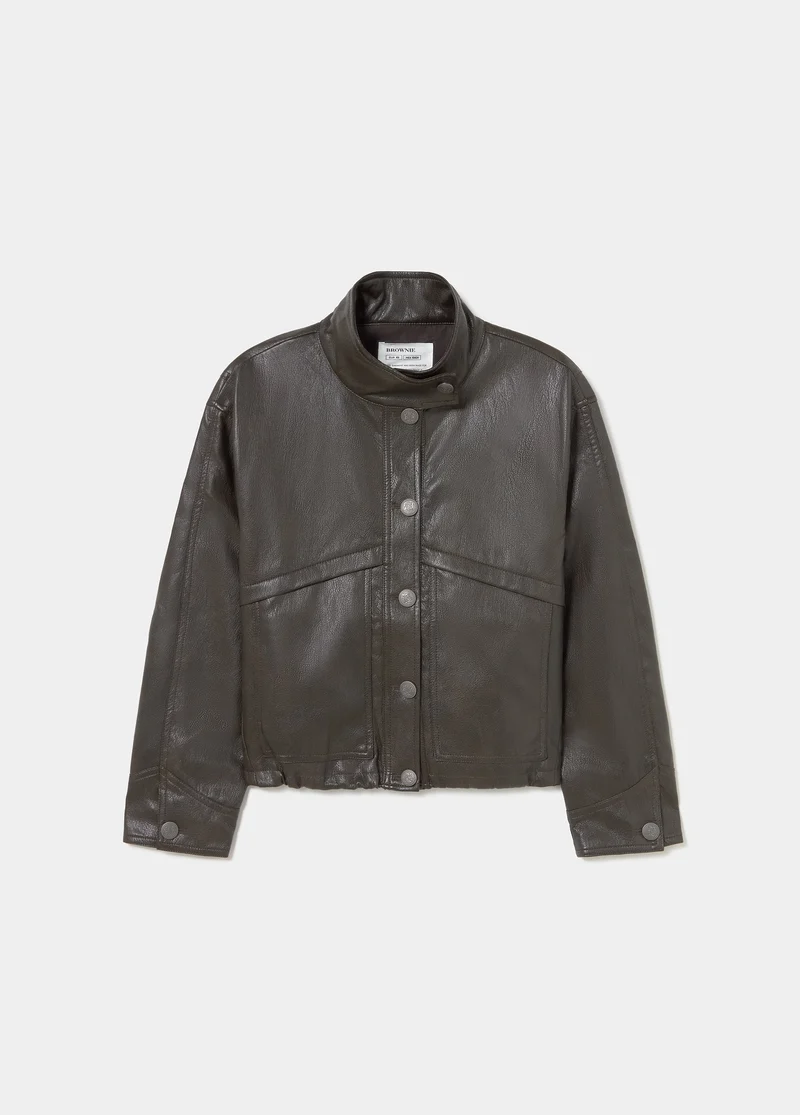 Faux-leather bomber jacket with buttons