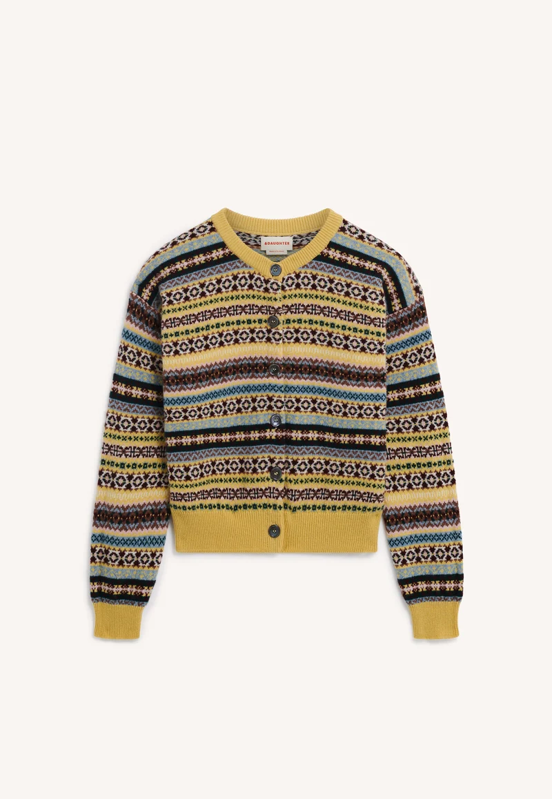 Ada Fairisle Crewneck Cardigan in Yellow Multi