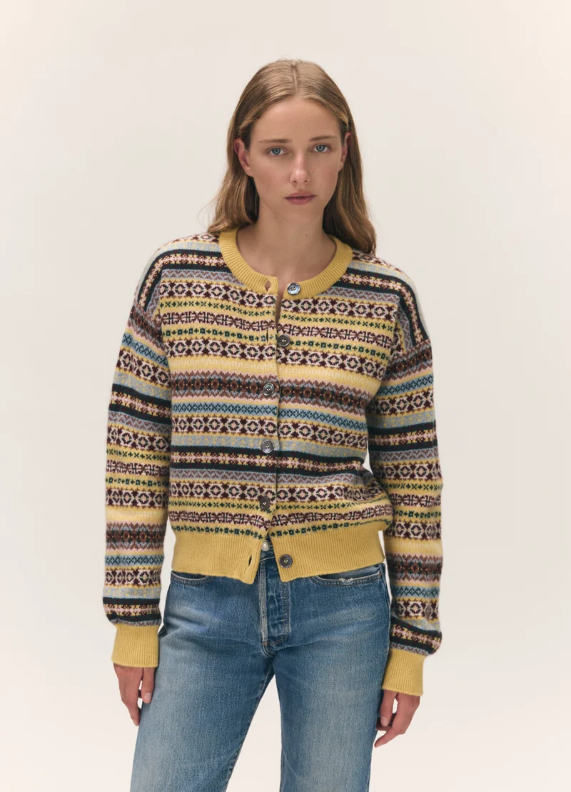 Ada Fairisle Crewneck Cardigan in Yellow Multi