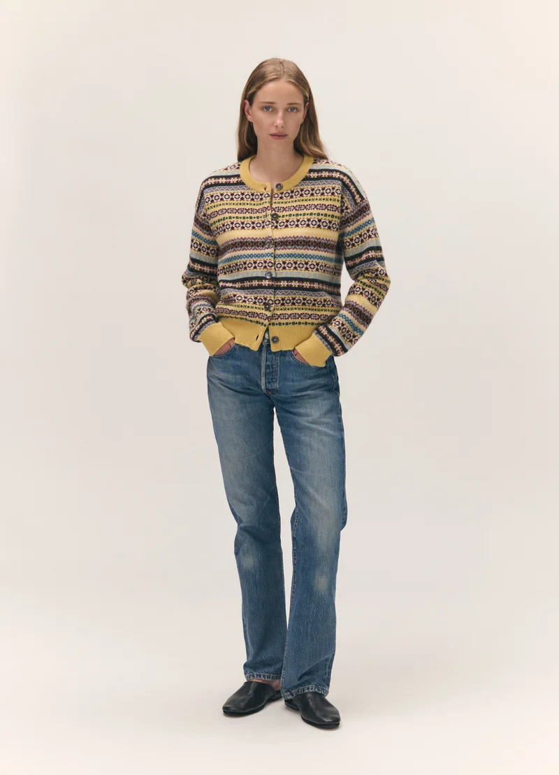 Ada Fairisle Crewneck Cardigan in Yellow Multi