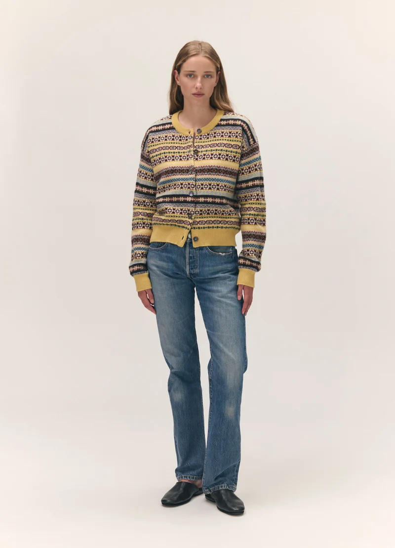 Ada Fairisle Crewneck Cardigan in Yellow Multi