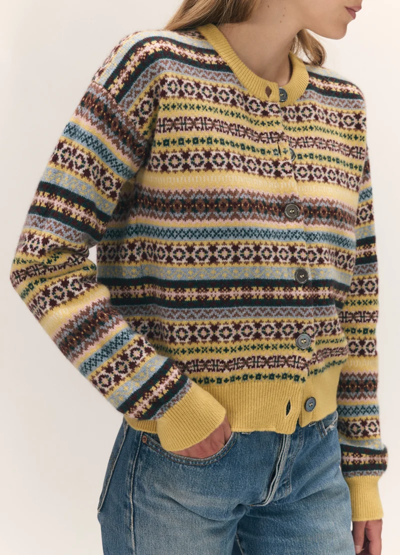 Ada Fairisle Crewneck Cardigan in Yellow Multi