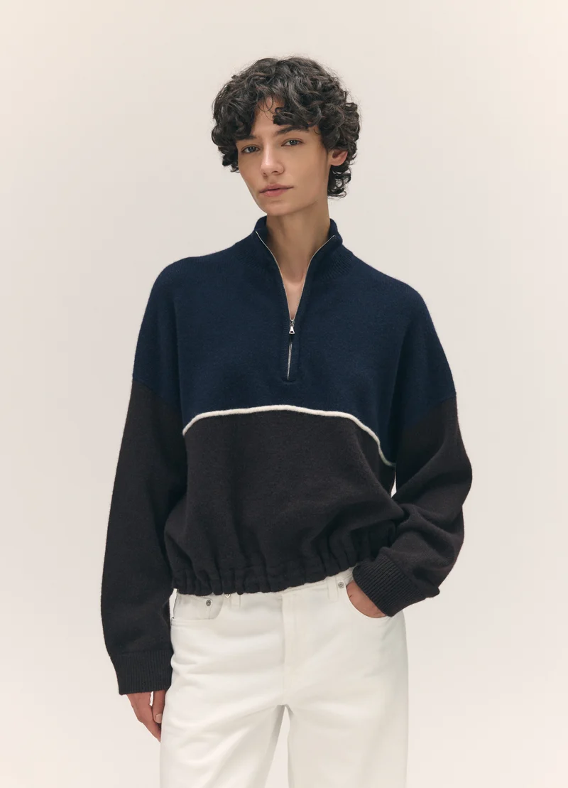 Alder Half Zip Fleece in Navy with Dark Brown