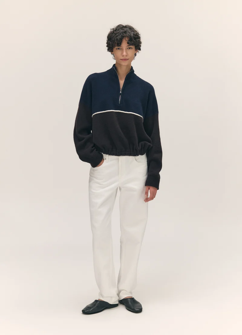 Alder Half Zip Fleece in Navy with Dark Brown