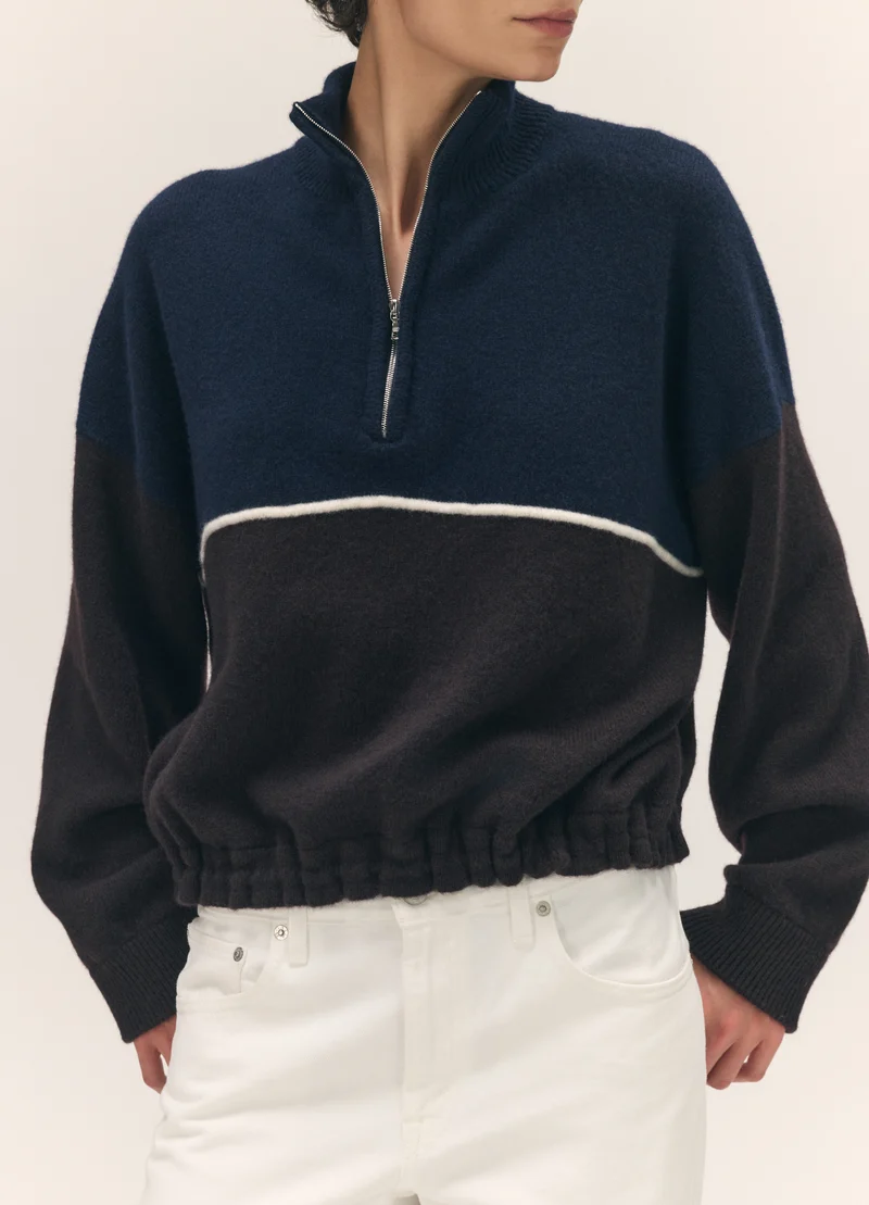 Alder Half Zip Fleece in Navy with Dark Brown